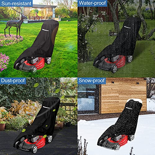 Outdoors Lawn Mower Cover, Heavy Duty 420D Lawn Mower Covers Polyester Oxford Outdoor Waterproof Universal UV Dust Protection Universal Fit Push Mower with Drawstring & Cover Storage Bag (Black)