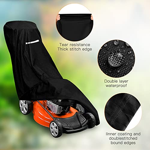 Outdoors Lawn Mower Cover, Heavy Duty 420D Lawn Mower Covers Polyester Oxford Outdoor Waterproof Universal UV Dust Protection Universal Fit Push Mower with Drawstring & Cover Storage Bag (Black)