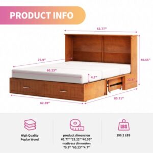 Mixoy Queen Size Murphy Bed with Foam Mattress, Cabinet Bed with Charging Station, Murphy Bed Chest with Large Drawer (Style2, Cherry)