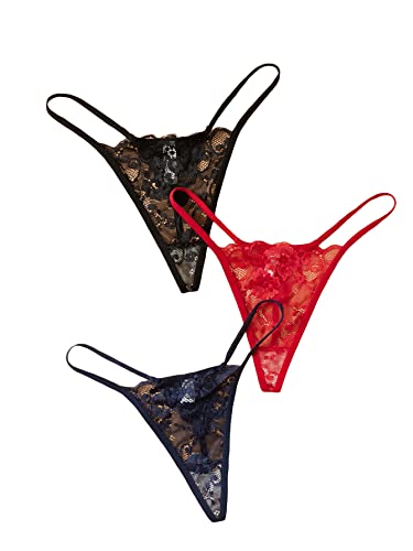 SOLY HUX Women's Sexy 3 Piece G-String Lace Thongs V Cheeky Underwear Panties Black Red Navy Blue M