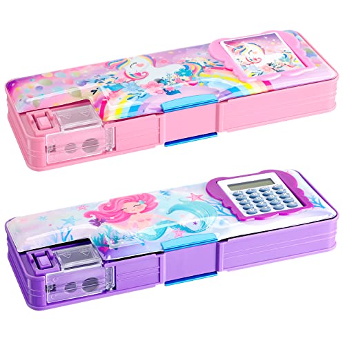 2 Pieces Multifunctional Pencil Box for Girls Unicorn Multifunction Pencil Case Plastic Mermaid Pencil Case with Calculator and Pencil Sharpener Pencil Pouch School Gifts for Kids Teens Supplies