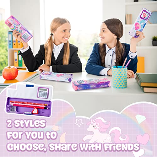 2 Pieces Multifunctional Pencil Box for Girls Unicorn Multifunction Pencil Case Plastic Mermaid Pencil Case with Calculator and Pencil Sharpener Pencil Pouch School Gifts for Kids Teens Supplies