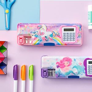 2 Pieces Multifunctional Pencil Box for Girls Unicorn Multifunction Pencil Case Plastic Mermaid Pencil Case with Calculator and Pencil Sharpener Pencil Pouch School Gifts for Kids Teens Supplies