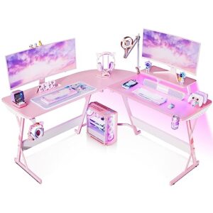 motpk pink gaming desk with led lights, carbon fiber l shaped gaming desk, corner gaming table l shape, gamer desk with monitor stand & cup holder & headphone hook, 51 inch, for women & girls gift