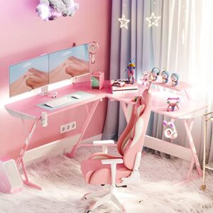 MOTPK Pink Gaming Desk with LED Lights, Carbon Fiber L Shaped Gaming Desk, Corner Gaming Table L Shape, Gamer Desk with Monitor Stand & Cup Holder & Headphone Hook, 51 Inch, for Women & Girls Gift
