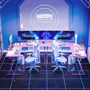 MOTPK Pink Gaming Desk with LED Lights, Carbon Fiber L Shaped Gaming Desk, Corner Gaming Table L Shape, Gamer Desk with Monitor Stand & Cup Holder & Headphone Hook, 51 Inch, for Women & Girls Gift