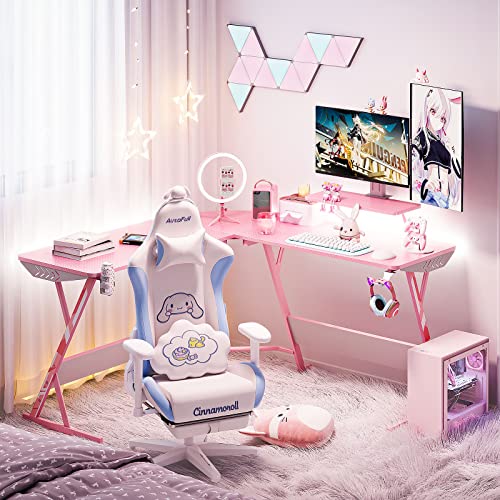 MOTPK Pink Gaming Desk with LED Lights, Carbon Fiber L Shaped Gaming Desk, Corner Gaming Table L Shape, Gamer Desk with Monitor Stand & Cup Holder & Headphone Hook, 51 Inch, for Women & Girls Gift