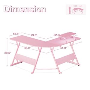 MOTPK Pink Gaming Desk with LED Lights, Carbon Fiber L Shaped Gaming Desk, Corner Gaming Table L Shape, Gamer Desk with Monitor Stand & Cup Holder & Headphone Hook, 51 Inch, for Women & Girls Gift