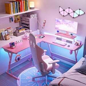 MOTPK Pink Gaming Desk with LED Lights, Carbon Fiber L Shaped Gaming Desk, Corner Gaming Table L Shape, Gamer Desk with Monitor Stand & Cup Holder & Headphone Hook, 51 Inch, for Women & Girls Gift