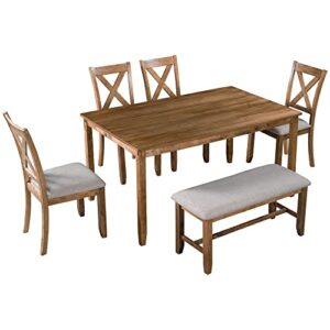 Merax 6-Piece Wooden Dining Rectangular Table Set, 4 Chairs and Bench with Cushion, Kitchen Family Furniture, Natural Cherry-2-6pcs