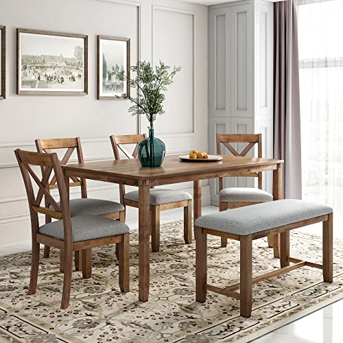 Merax 6-Piece Wooden Dining Rectangular Table Set, 4 Chairs and Bench with Cushion, Kitchen Family Furniture, Natural Cherry-2-6pcs