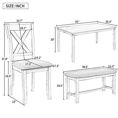 Merax 6-Piece Wooden Dining Rectangular Table Set, 4 Chairs and Bench with Cushion, Kitchen Family Furniture, Natural Cherry-2-6pcs