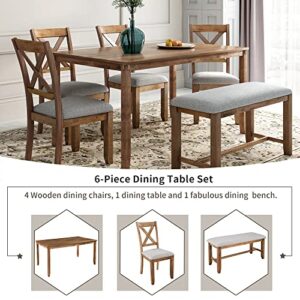 Merax 6-Piece Wooden Dining Rectangular Table Set, 4 Chairs and Bench with Cushion, Kitchen Family Furniture, Natural Cherry-2-6pcs