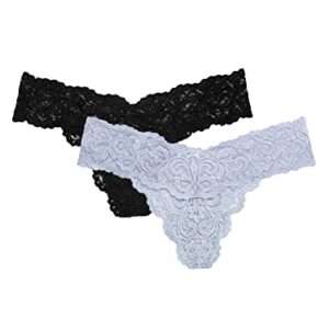 Smart & Sexy Women's Plus Size Signature Lace Thong Panty 2 Pack, Mineral Water/Black Hue, 3X