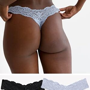 Smart & Sexy Women's Plus Size Signature Lace Thong Panty 2 Pack, Mineral Water/Black Hue, 3X