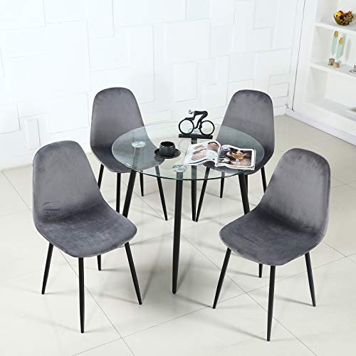 Round Dining Table Set for 4 - Circle Glass Dining Room Table Set,5 Piece Black Dining Set with Velvet Dining Chairs - Modern Kitchen Table and Chairs for Dining Room,Dinette or Small Space,Deep Grey