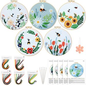 5 sets embroidery starter kit with patterns and instructions bee flower cross stitch set for beginners diy adult kids (as pictures shown)