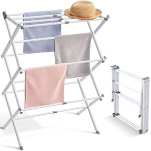 toolf expandable clothes drying rack, foldable laundry drying rack, 3-tier collapsible clothing dryer, adjustable towel rack for air drying clothing, bed linen, clothing, socks, scarves, white