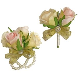 yokoke prom corsage and boutonniere set, rose boutonniere and wrist corsage wristlet set flowers for party ball dancing prom suit decorations (pink champagne gold)
