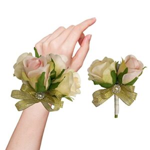 YOKOKE Prom Corsage and Boutonniere Set, Rose Boutonniere and Wrist Corsage Wristlet Set Flowers for Party Ball Dancing Prom Suit Decorations (Pink Champagne Gold)