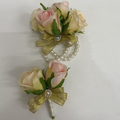 YOKOKE Prom Corsage and Boutonniere Set, Rose Boutonniere and Wrist Corsage Wristlet Set Flowers for Party Ball Dancing Prom Suit Decorations (Pink Champagne Gold)