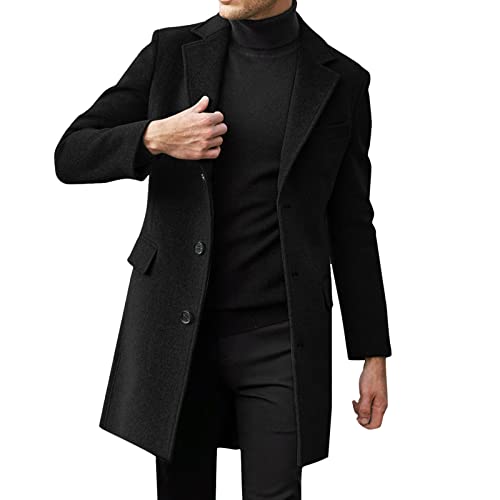 Men's Classic Single Breasted Peacoat Wool Blend Overcoat Winter Slim Fit Long Trench Coat Business Pea Jacket(Black,XXXL)