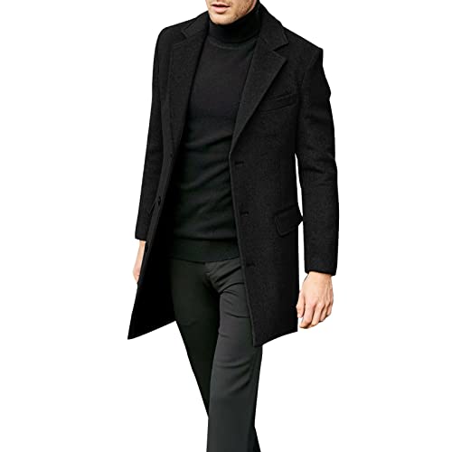 Men's Classic Single Breasted Peacoat Wool Blend Overcoat Winter Slim Fit Long Trench Coat Business Pea Jacket(Black,XXXL)