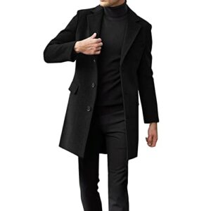 Men's Classic Single Breasted Peacoat Wool Blend Overcoat Winter Slim Fit Long Trench Coat Business Pea Jacket(Black,XXXL)