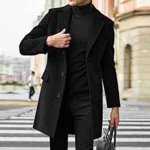 Men's Classic Single Breasted Peacoat Wool Blend Overcoat Winter Slim Fit Long Trench Coat Business Pea Jacket(Black,XXXL)