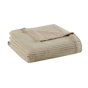 beautyrest 100% cotton blanket, trendy woven waffle weave design, all season, lightweight, breathable, soft and cozy casual summer cover, for bed, couch and sofa, king(108 in x 90 in), khaki