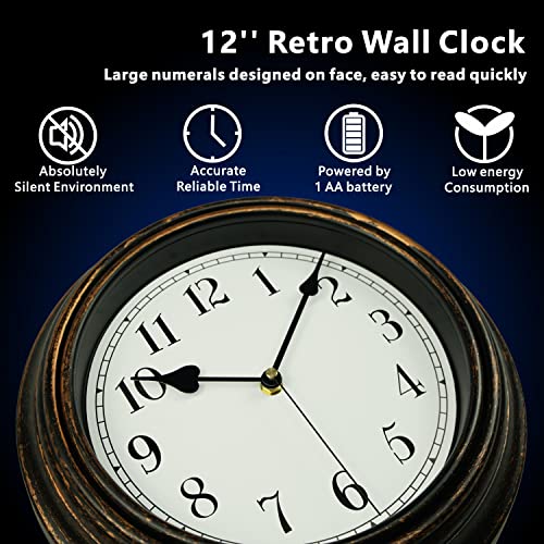 DIYZON Retro Wall Clock, 12'' Vintage Silent Non Ticking Classic Clocks, Easy to Read, Quality Quartz Clock Battery Operated, Decorative Bedroom, Kitchen, Office