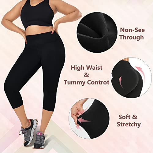 we fleece 3 Pack Plus Size Capri Leggings for Women -Stretchy X-Large-4X Tummy Control High Waist Spandex Workout Yoga Pants