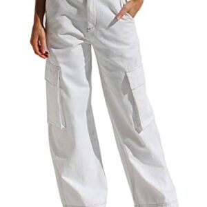 EVALESS White Cargo Pants Women Fall High Waist Straight Wide Leg Hiking Pants for Women Fashion 2023 Baggy Casual Work Teacher Pants Loose Trousers with Pockets Size US 8