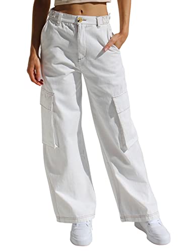 EVALESS White Cargo Pants Women Fall High Waist Straight Wide Leg Hiking Pants for Women Fashion 2023 Baggy Casual Work Teacher Pants Loose Trousers with Pockets Size US 8