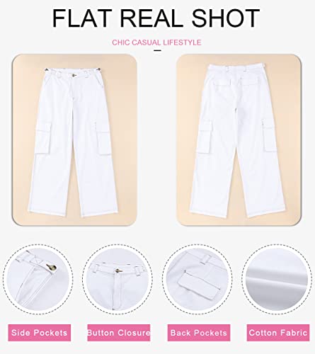 EVALESS White Cargo Pants Women Fall High Waist Straight Wide Leg Hiking Pants for Women Fashion 2023 Baggy Casual Work Teacher Pants Loose Trousers with Pockets Size US 8