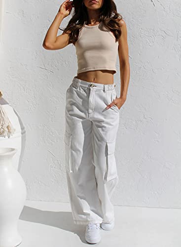 EVALESS White Cargo Pants Women Fall High Waist Straight Wide Leg Hiking Pants for Women Fashion 2023 Baggy Casual Work Teacher Pants Loose Trousers with Pockets Size US 8