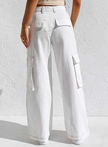 EVALESS White Cargo Pants Women Fall High Waist Straight Wide Leg Hiking Pants for Women Fashion 2023 Baggy Casual Work Teacher Pants Loose Trousers with Pockets Size US 8