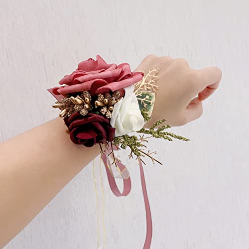 Daxi Events 6 PCS Rose Wrist Corsage for Bridesmaid, Mother of Bride and Groom Corsage, Girl Prom Flowers, Wedding Ceremony,  Anniversary, Homecoming, Bridal Shower(Dusty Rose)