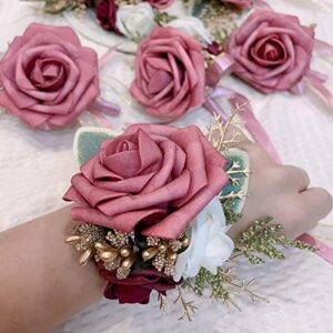 Daxi Events 6 PCS Rose Wrist Corsage for Bridesmaid, Mother of Bride and Groom Corsage, Girl Prom Flowers, Wedding Ceremony,  Anniversary, Homecoming, Bridal Shower(Dusty Rose)