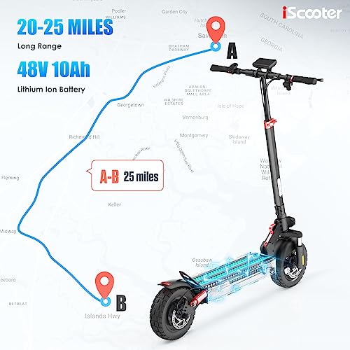 iScooter iX3 Electric Scooter Adults, 10" Off Road Pneumatic Tubeless Tires, 800W Motor E-Scooter Up to 25 Miles Range, 25MPH Top Speed, Adjustable Handlebar Height, Foldable Scooter with APP