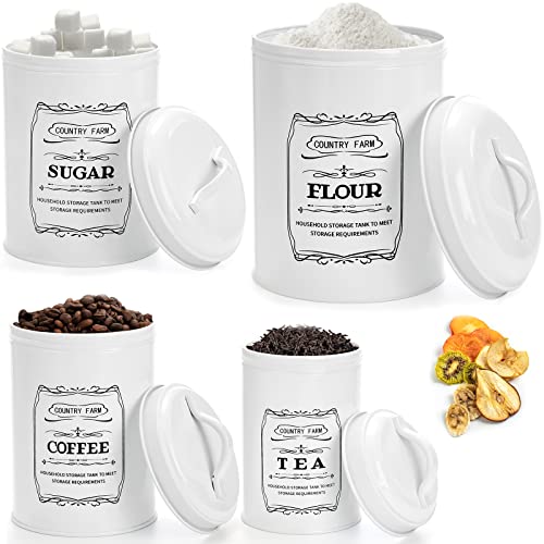 Yarlung Set of 4 Kitchen Canisters with Airtight Lids, Coffee Tea Sugar Flour Metal Tin Jars Nesting Food Storage Container Set for Farmhouse Decor, Countertop Pantry Organizer, 4 Sizes White