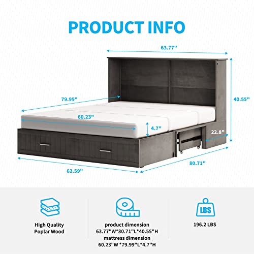 Mjkone Murphy Bed with Folding Memory Foam Mattress, 81" W Cabinet Bed with USB Charging Station, Queen Murphy Cabinet Chest Bed Has 2 Large Drawers Use for Living Room/Bedroom (Queen Grey)