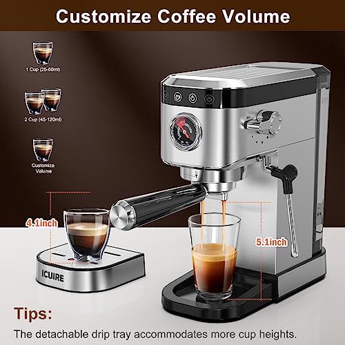 ICUIRE Espresso Machine, 20 Bar Compact Steam Espresso Coffee Machine with Milk Frother, Digital Touch Panel, 37 Oz Removable Water Tank for Espresso Make