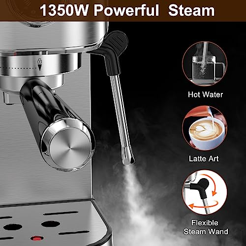 ICUIRE Espresso Machine, 20 Bar Compact Steam Espresso Coffee Machine with Milk Frother, Digital Touch Panel, 37 Oz Removable Water Tank for Espresso Make