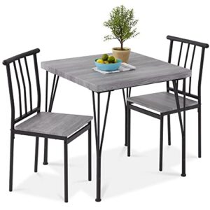 best choice products 3-piece dining set modern dining table set, metal and wood square dining table for kitchen, dining room, dinette, breakfast nook w/ 2 chairs - gray