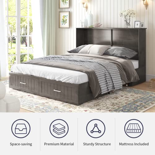 ZAFLY Murphy Bed,Murphy Bed Cabinet with Charging Station,Murphy Chest Folding Foam Mattress,Super Space-Saving Queen Large Drawers(Queen,Stone Gray) Pattern 3