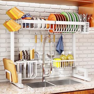 over the sink dish drying rack, adjustable (26.8" to 34.6") large dish drying rack for kitchen counter with multiple baskets utensil sponge holder sink caddy, 2 tier white