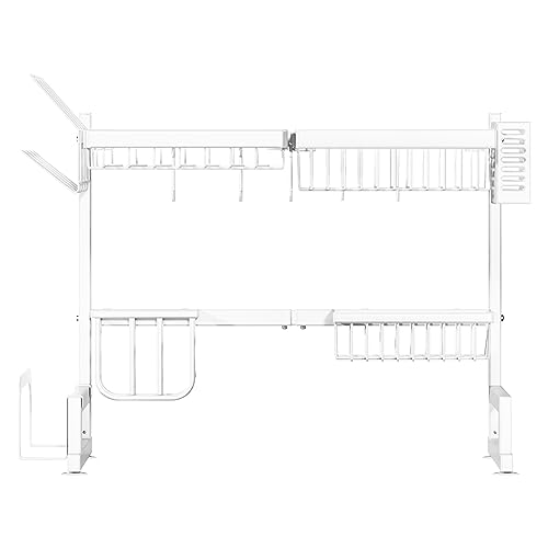 Over The Sink Dish Drying Rack, Adjustable (26.8" to 34.6") Large Dish Drying Rack for Kitchen Counter with Multiple Baskets Utensil Sponge Holder Sink Caddy, 2 Tier White