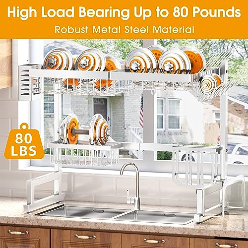 Over The Sink Dish Drying Rack, Adjustable (26.8" to 34.6") Large Dish Drying Rack for Kitchen Counter with Multiple Baskets Utensil Sponge Holder Sink Caddy, 2 Tier White