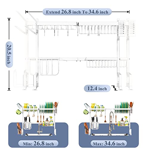 Over The Sink Dish Drying Rack, Adjustable (26.8" to 34.6") Large Dish Drying Rack for Kitchen Counter with Multiple Baskets Utensil Sponge Holder Sink Caddy, 2 Tier White